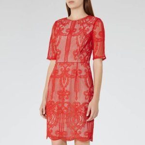 Reiss Zola Lace Overlay Scallop Edge Deep V Back Shift Dress